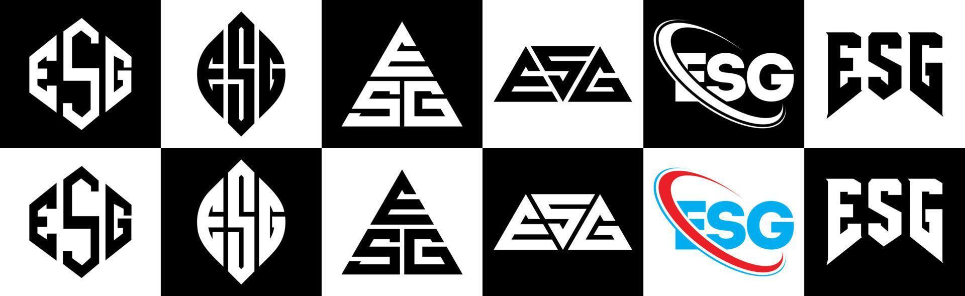 diseño de logotipo de letra esg en seis estilos. esg polígono, círculo, triángulo, hexágono, estilo plano y simple con logotipo de letra de variación de color blanco y negro en una mesa de trabajo. esg logotipo minimalista y clásico vector