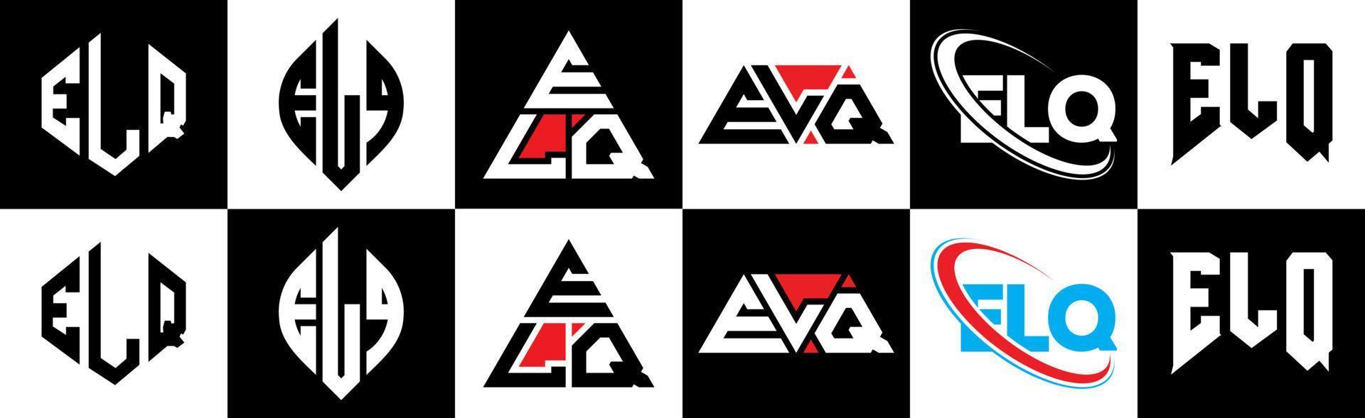 diseño de logotipo de letra elq en seis estilos. elq polígono, círculo, triángulo, hexágono, estilo plano y simple con logotipo de letra de variación de color blanco y negro en una mesa de trabajo. logotipo minimalista y clásico de elq vector