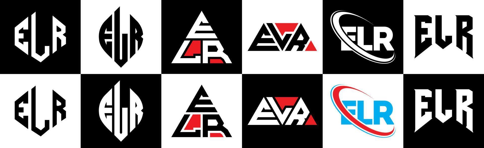 diseño de logotipo de letra elr en seis estilos. elr polígono, círculo, triángulo, hexágono, estilo plano y simple con logotipo de letra de variación de color blanco y negro en una mesa de trabajo. elr logo minimalista y clásico vector