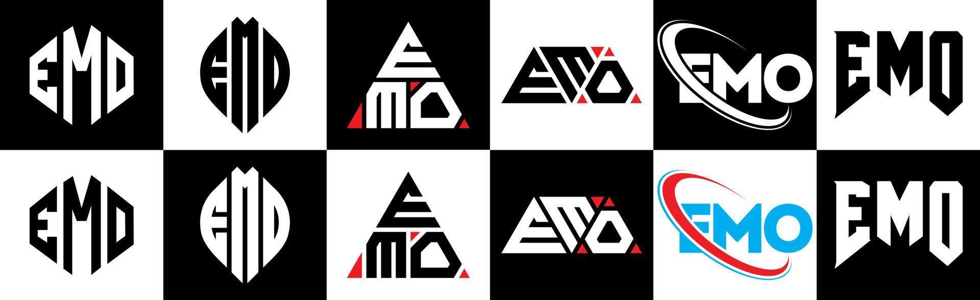 diseño de logotipo de letra emo en seis estilos. polígono emo, círculo, triángulo, hexágono, estilo plano y simple con logotipo de letra de variación de color blanco y negro en una mesa de trabajo. logotipo emo minimalista y clásico vector