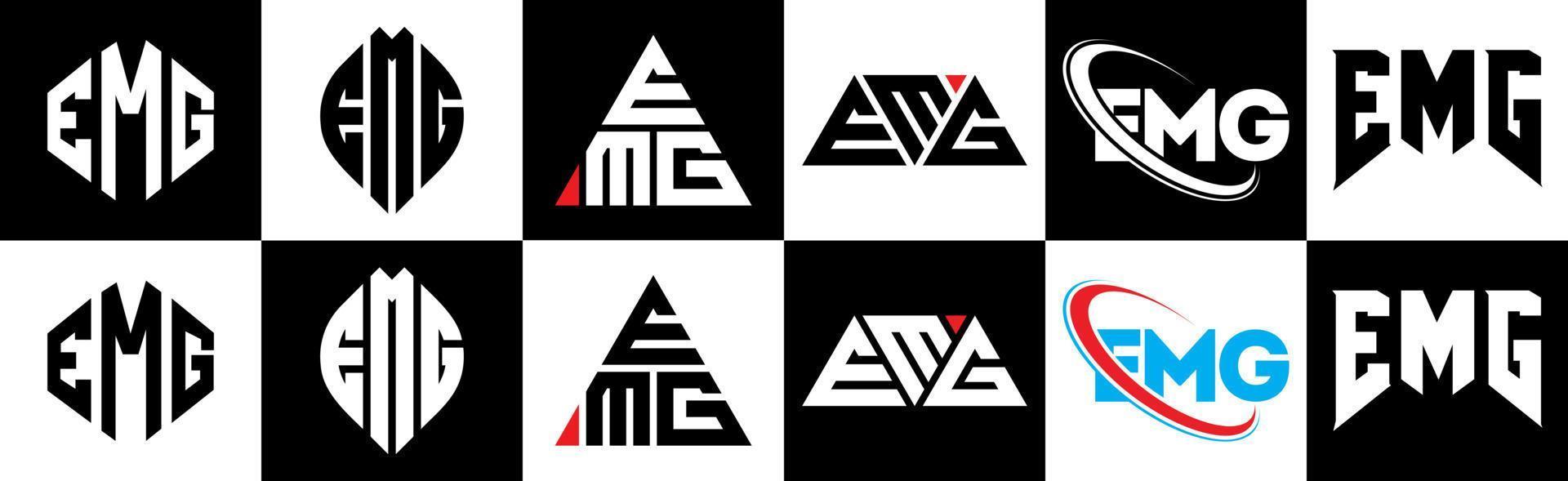 diseño de logotipo de letra emg en seis estilos. emg polígono, círculo, triángulo, hexágono, estilo plano y simple con logotipo de letra de variación de color blanco y negro en una mesa de trabajo. logotipo minimalista y clásico de emg vector