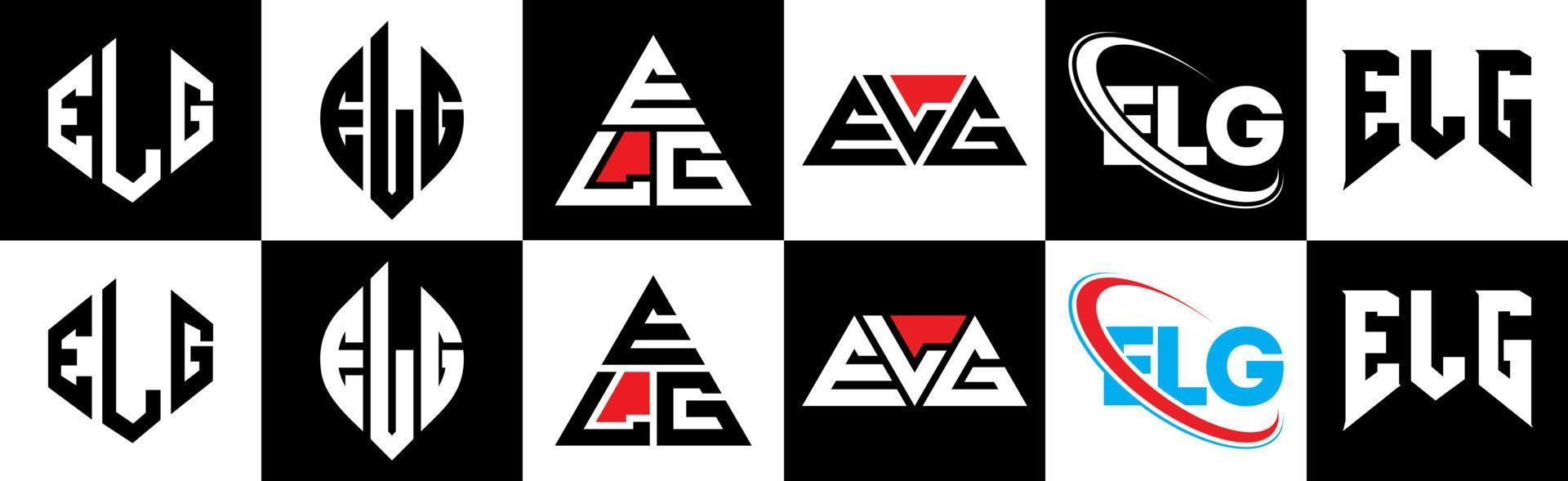 diseño de logotipo de letra elg en seis estilos. elg polígono, círculo, triángulo, hexágono, estilo plano y simple con logotipo de letra de variación de color blanco y negro en una mesa de trabajo. logo minimalista y clásico de elg vector