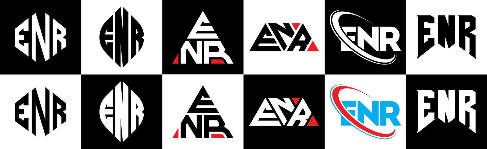 ENR letter logo design in six style. ENR polygon, circle, triangle, hexagon, flat and simple style with black and white color variation letter logo set in one artboard. ENR minimalist and classic logo vector