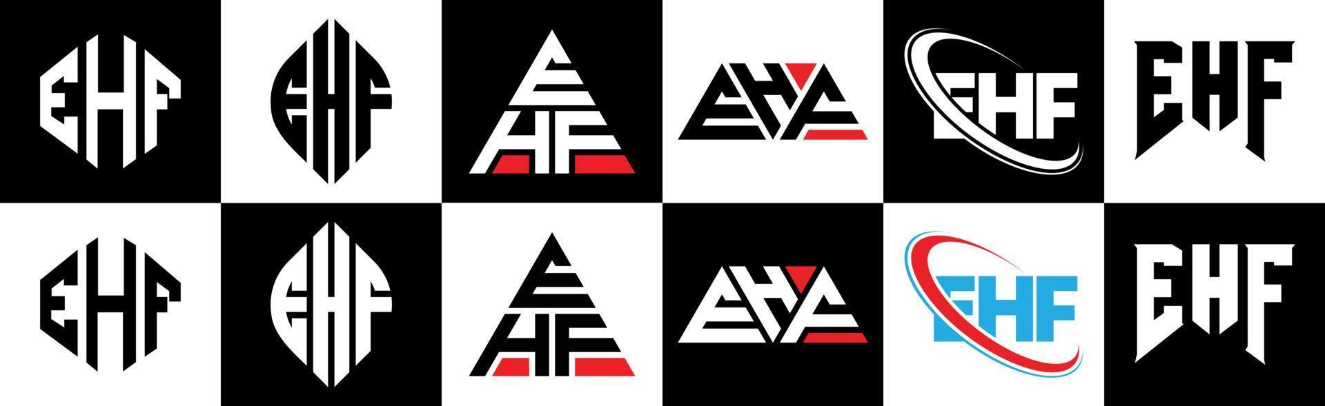 EHF letter logo design in six style. EHF polygon, circle, triangle, hexagon, flat and simple style with black and white color variation letter logo set in one artboard. EHF minimalist and classic logo vector