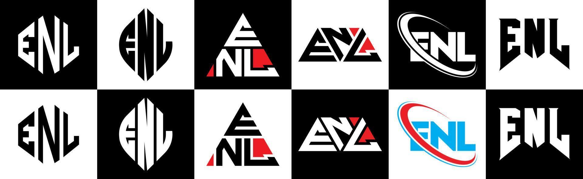 ENL letter logo design in six style. ENL polygon, circle, triangle, hexagon, flat and simple style with black and white color variation letter logo set in one artboard. ENL minimalist and classic logo vector