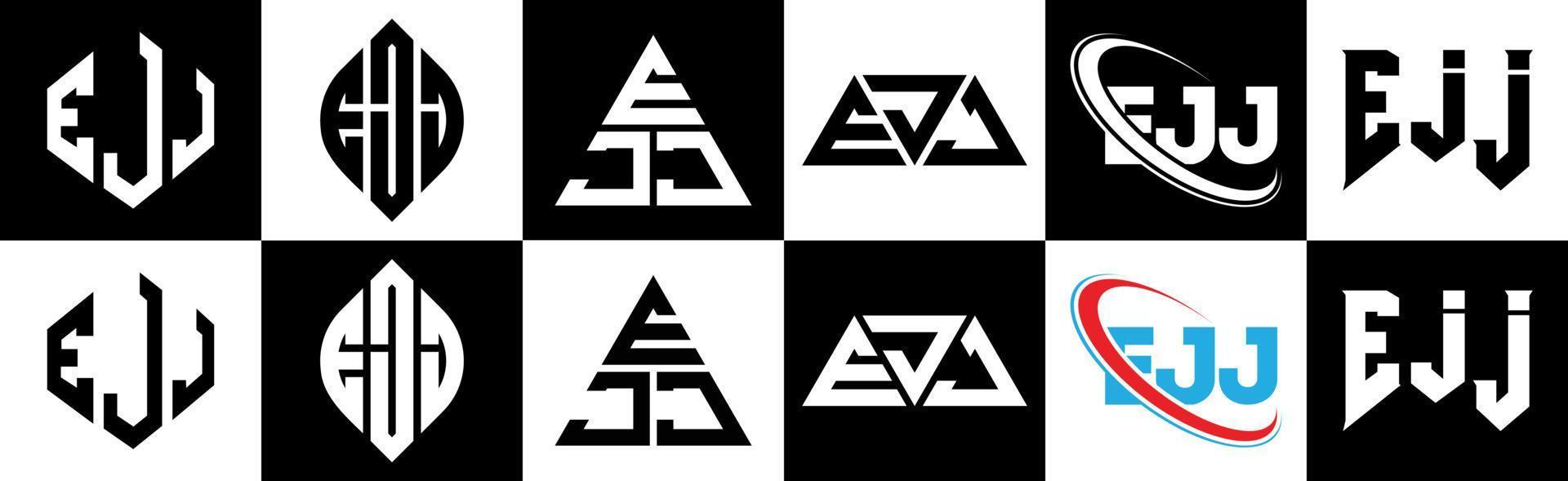 diseño de logotipo de letra ejj en seis estilos. ejj polígono, círculo, triángulo, hexágono, estilo plano y simple con logotipo de letra de variación de color blanco y negro en una mesa de trabajo. logotipo minimalista y clásico de ejj vector