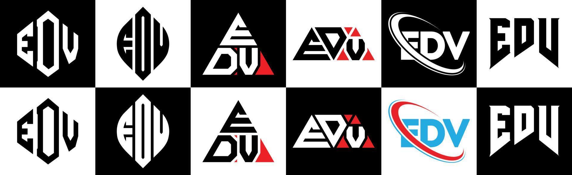 diseño de logotipo de letra edv en seis estilos. polígono edv, círculo, triángulo, hexágono, estilo plano y simple con logotipo de letra de variación de color blanco y negro en una mesa de trabajo. logotipo minimalista y clásico de edv vector