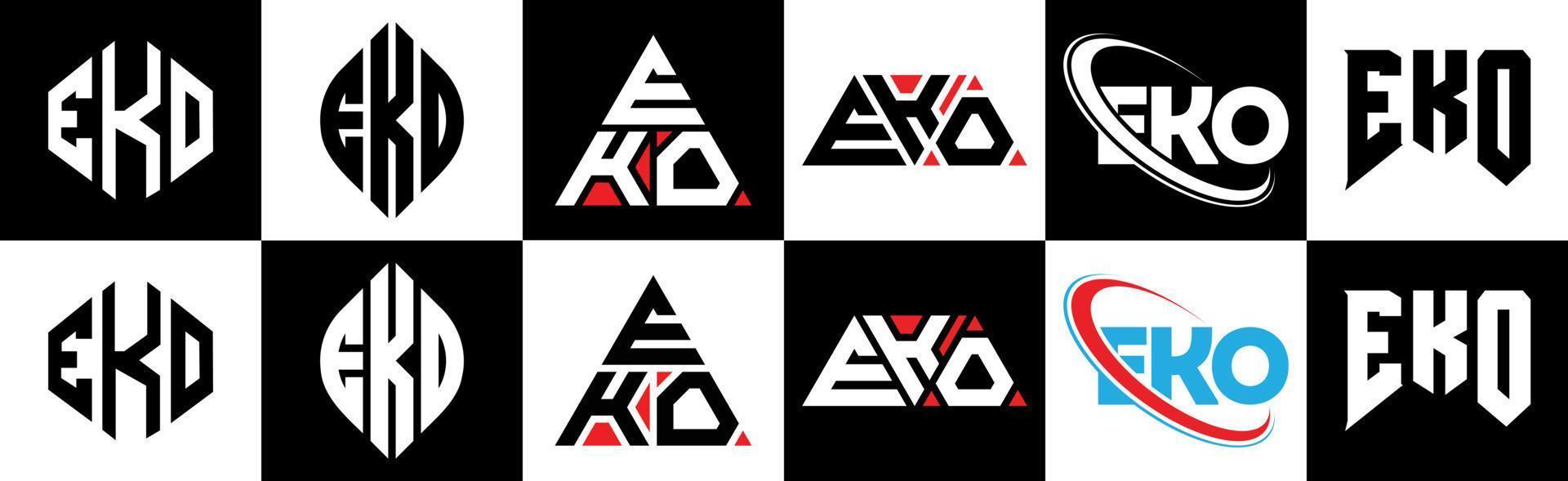 EKO letter logo design in six style. EKO polygon, circle, triangle, hexagon, flat and simple style with black and white color variation letter logo set in one artboard. EKO minimalist and classic logo vector