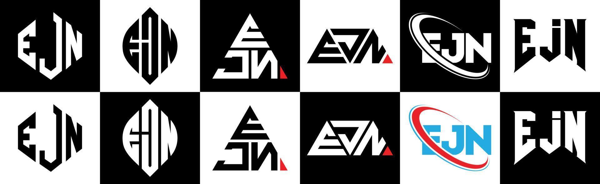 EJN letter logo design in six style. EJN polygon, circle, triangle, hexagon, flat and simple style with black and white color variation letter logo set in one artboard. EJN minimalist and classic logo vector