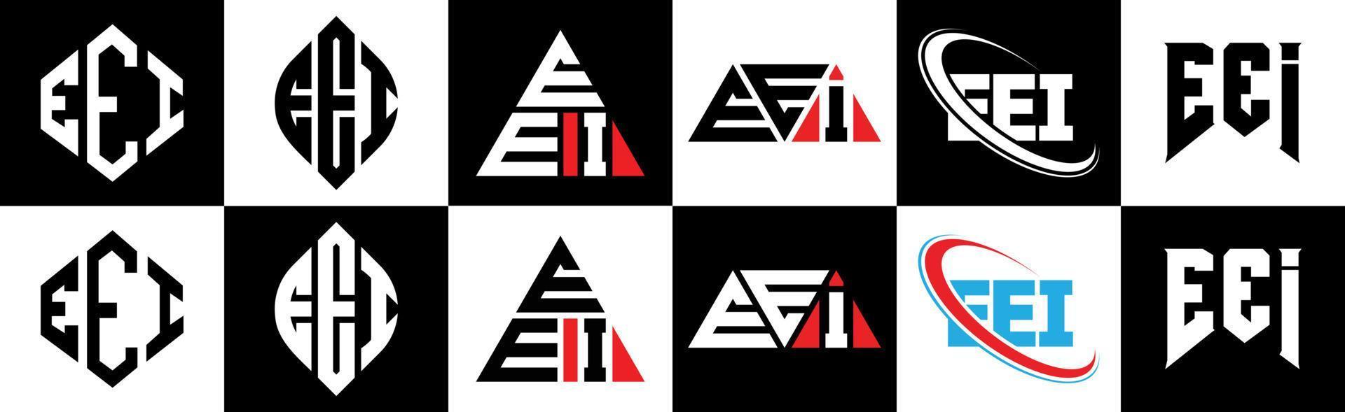 EEI letter logo design in six style. EEI polygon, circle, triangle, hexagon, flat and simple style with black and white color variation letter logo set in one artboard. EEI minimalist and classic logo vector