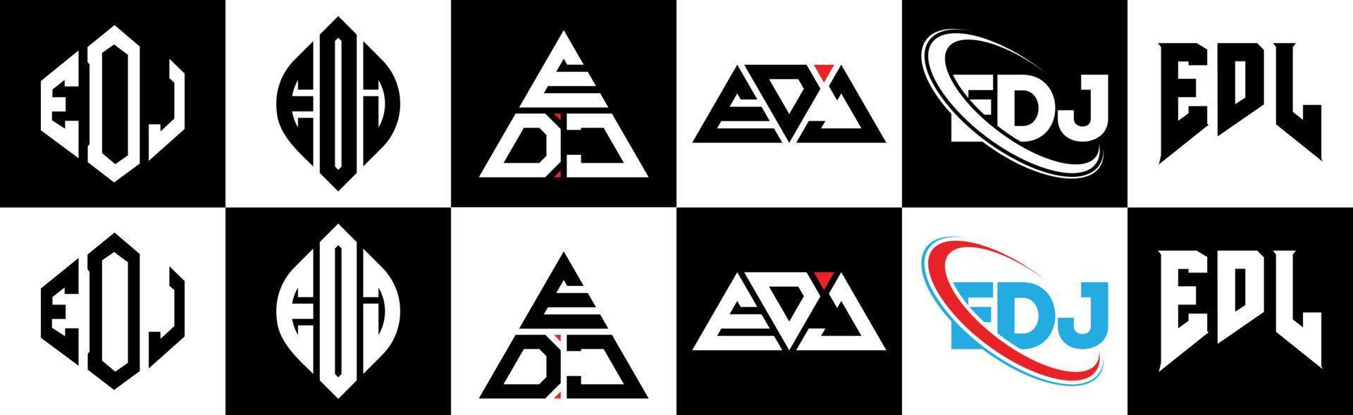 diseño de logotipo de letra edj en seis estilos. polígono edj, círculo, triángulo, hexágono, estilo plano y simple con logotipo de letra de variación de color blanco y negro en una mesa de trabajo. logotipo minimalista y clásico de edj vector