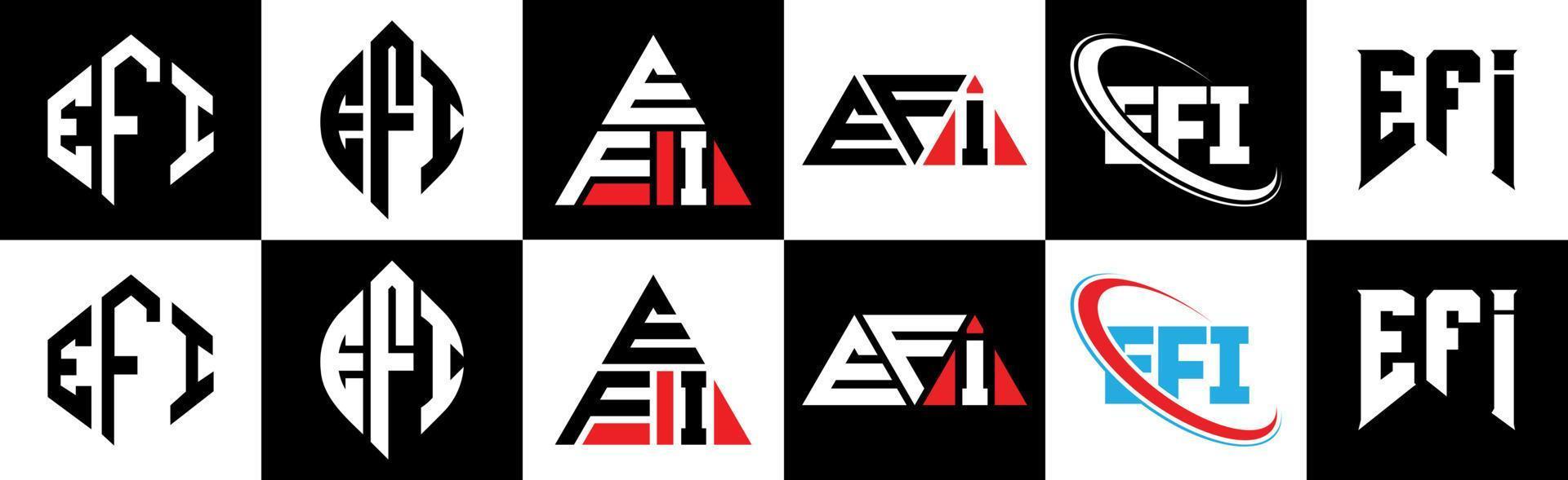 diseño de logotipo de letra efi en seis estilos. efi polígono, círculo, triángulo, hexágono, estilo plano y simple con logotipo de letra de variación de color blanco y negro en una mesa de trabajo. logotipo minimalista y clásico de efi vector