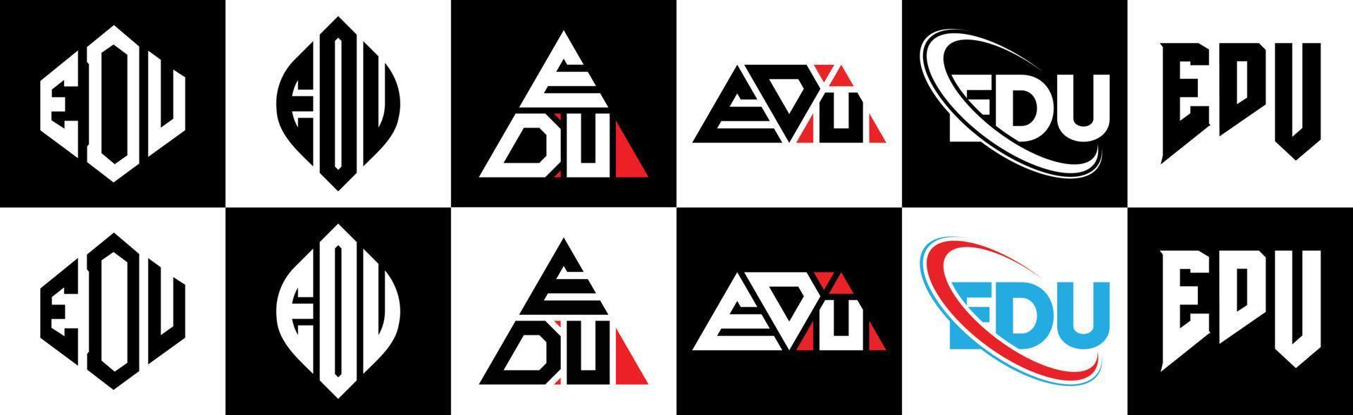 diseño de logotipo de letra edu en seis estilos. edu polígono, círculo, triángulo, hexágono, estilo plano y simple con logotipo de letra de variación de color blanco y negro en una mesa de trabajo. logotipo minimalista y clásico de edu vector