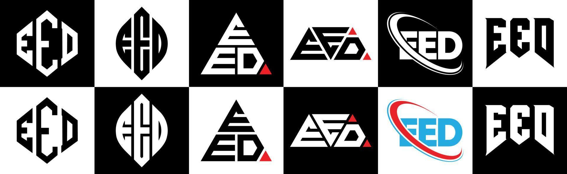 EED letter logo design in six style. EED polygon, circle, triangle, hexagon, flat and simple style with black and white color variation letter logo set in one artboard. EED minimalist and classic logo vector