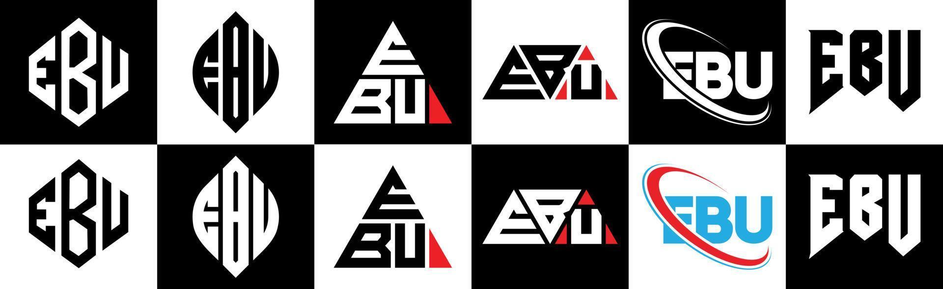 EBU letter logo design in six style. EBU polygon, circle, triangle, hexagon, flat and simple style with black and white color variation letter logo set in one artboard. EBU minimalist and classic logo vector