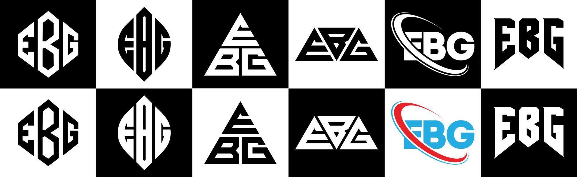 diseño de logotipo de letra ebg en seis estilos. polígono ebg, círculo, triángulo, hexágono, estilo plano y simple con logotipo de letra de variación de color blanco y negro en una mesa de trabajo. logotipo minimalista y clásico de ebg vector