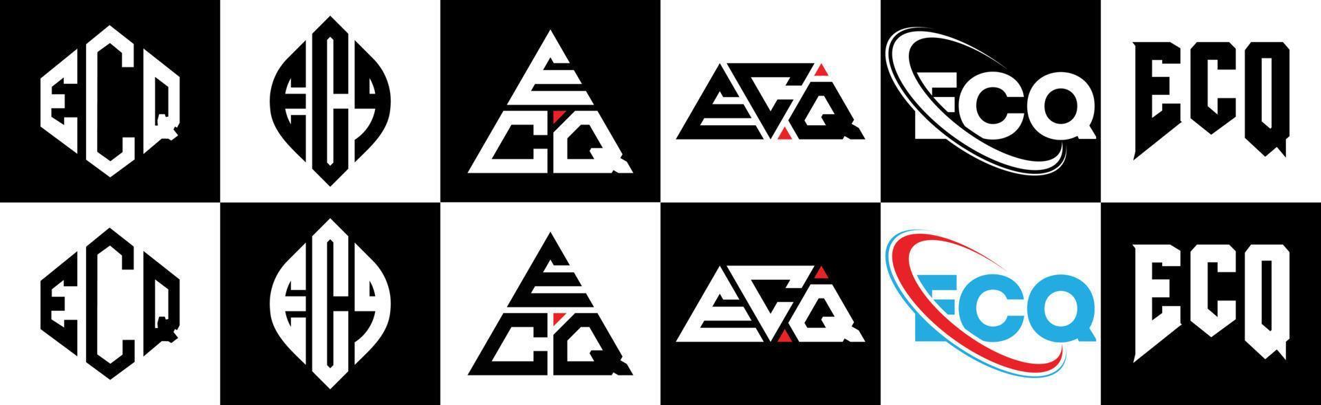 diseño de logotipo de letra ecq en seis estilos. polígono ecq, círculo, triángulo, hexágono, estilo plano y simple con logotipo de letra de variación de color blanco y negro en una mesa de trabajo. logotipo minimalista y clásico de ecq vector