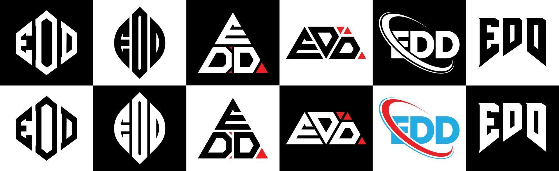 diseño del logotipo de la letra edd en seis estilos. edd polígono, círculo, triángulo, hexágono, estilo plano y simple con logotipo de letra de variación de color blanco y negro en una mesa de trabajo. logotipo minimalista y clásico de edd vector