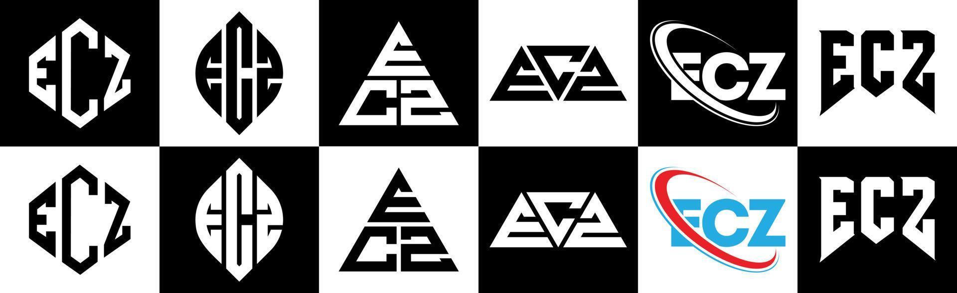 diseño de logotipo de letra ecz en seis estilos. polígono ecz, círculo, triángulo, hexágono, estilo plano y simple con logotipo de letra de variación de color blanco y negro en una mesa de trabajo. logotipo minimalista y clásico de ecz vector