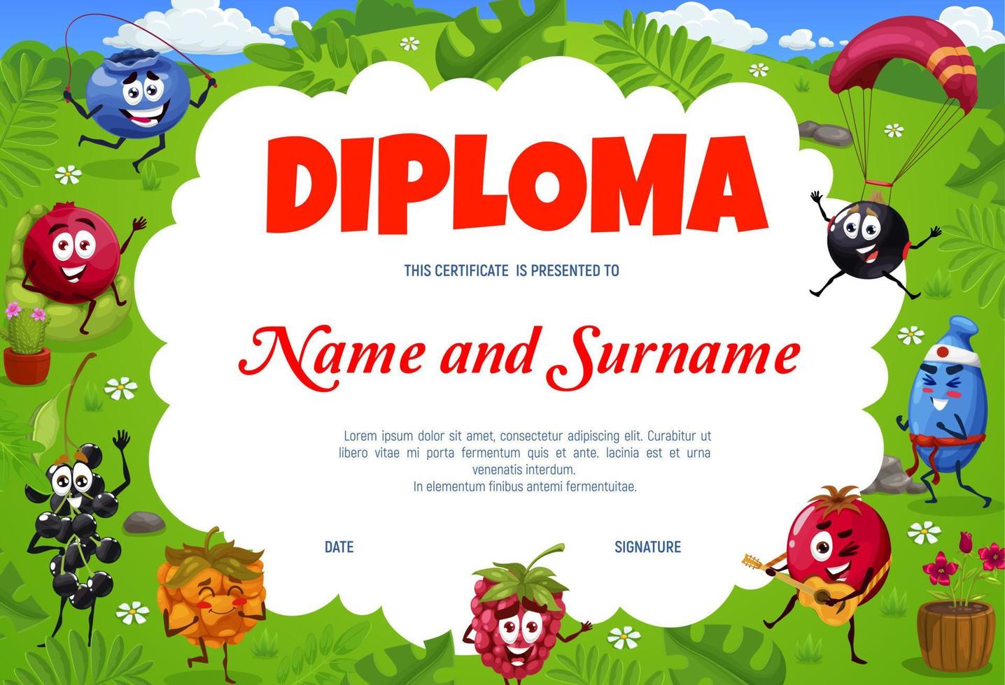 diploma de niños, personajes de bayas en vacaciones de verano vector