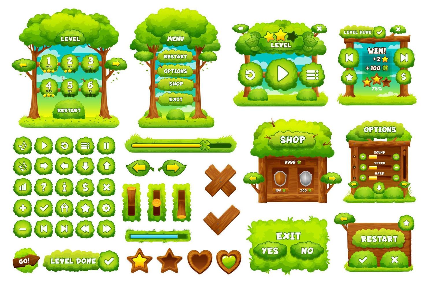interfaz de juego de bosque verde, conjunto de botones de juego de interfaz de usuario vector