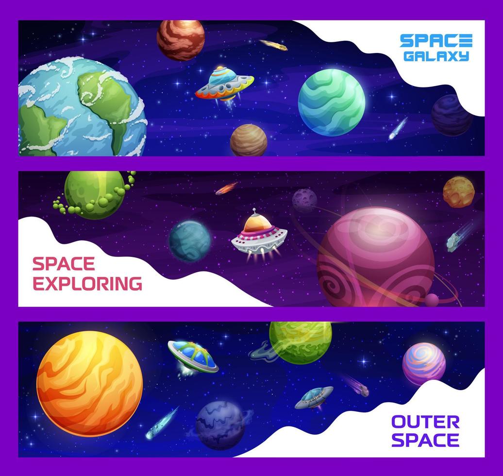 Cartoon space planets and ufo vector banners set