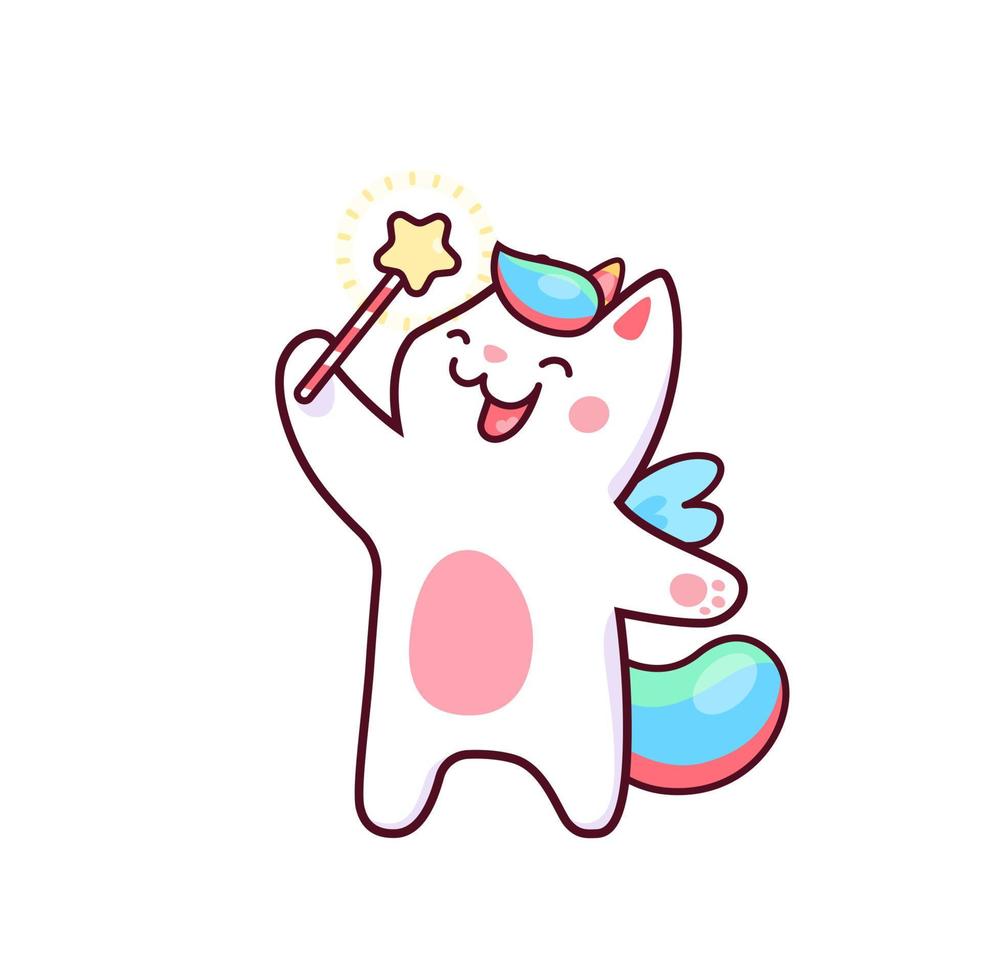 caricatura, lindo, kawaii, caticorn, mago, carácter vector