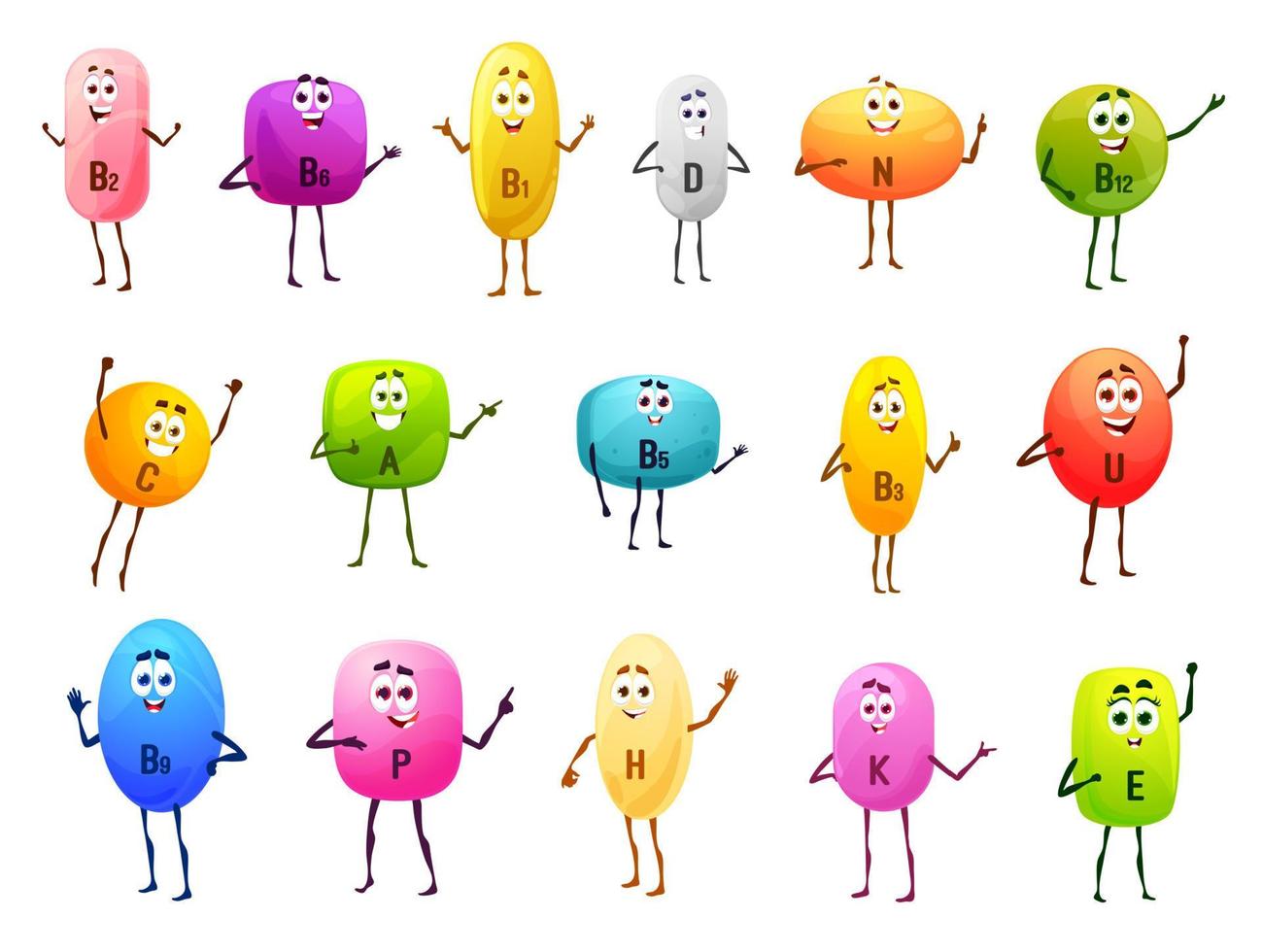 Cheerful vitamin characters cartoon colorful pills vector