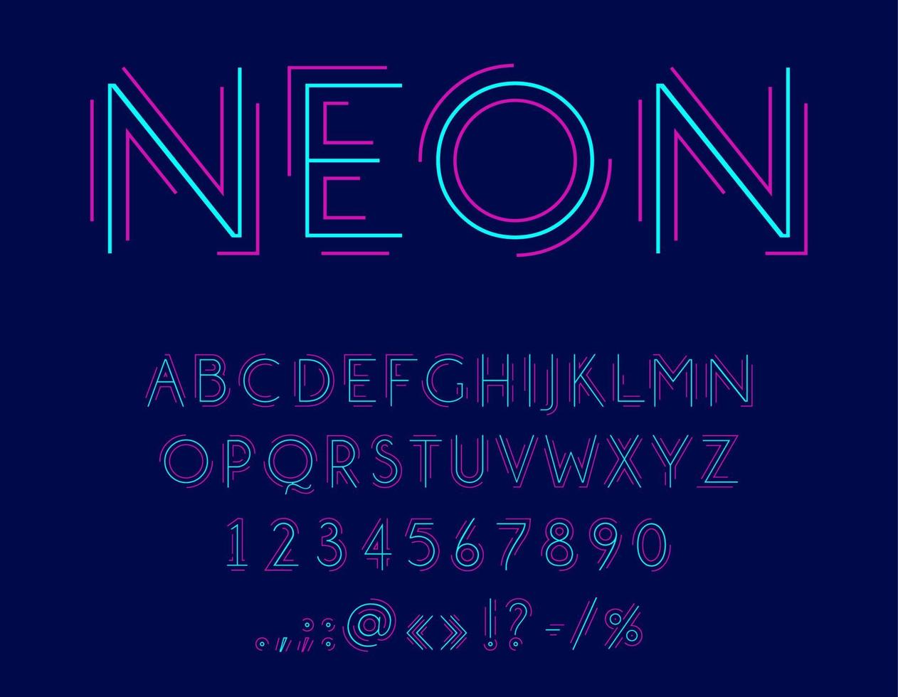 Neon font, outline typeface, light type alphabet vector