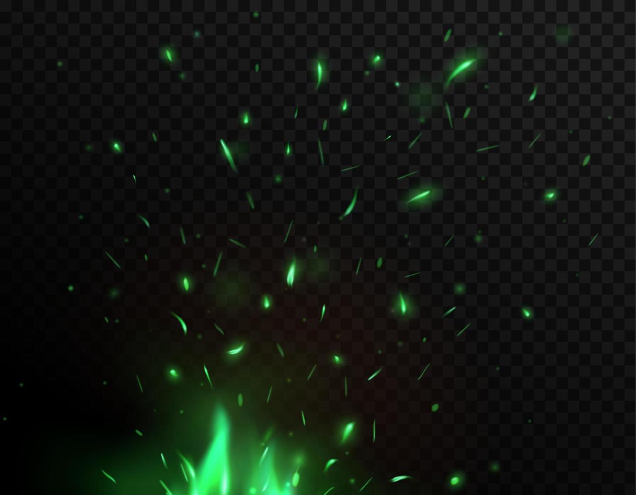 chispas de fuego verde, llama mística realista vector