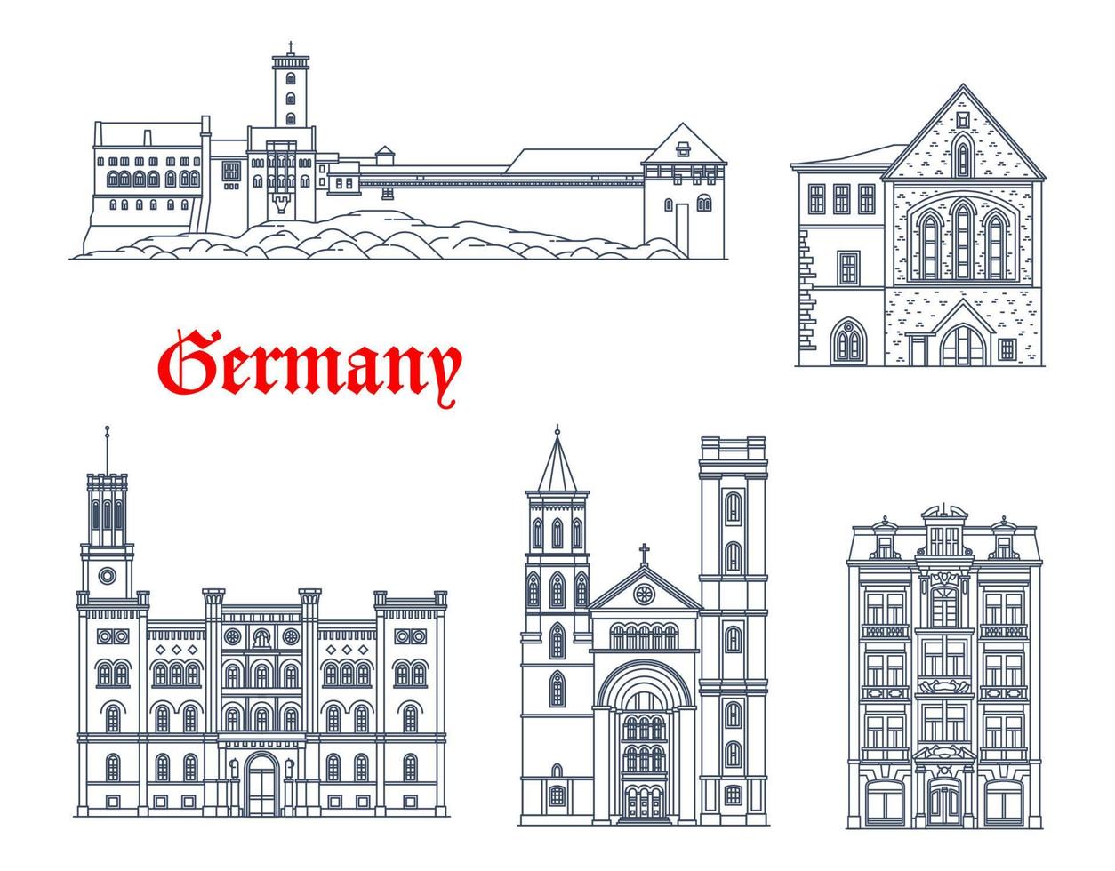 Germany, Zittau and Eisenach Wartburg buildings vector