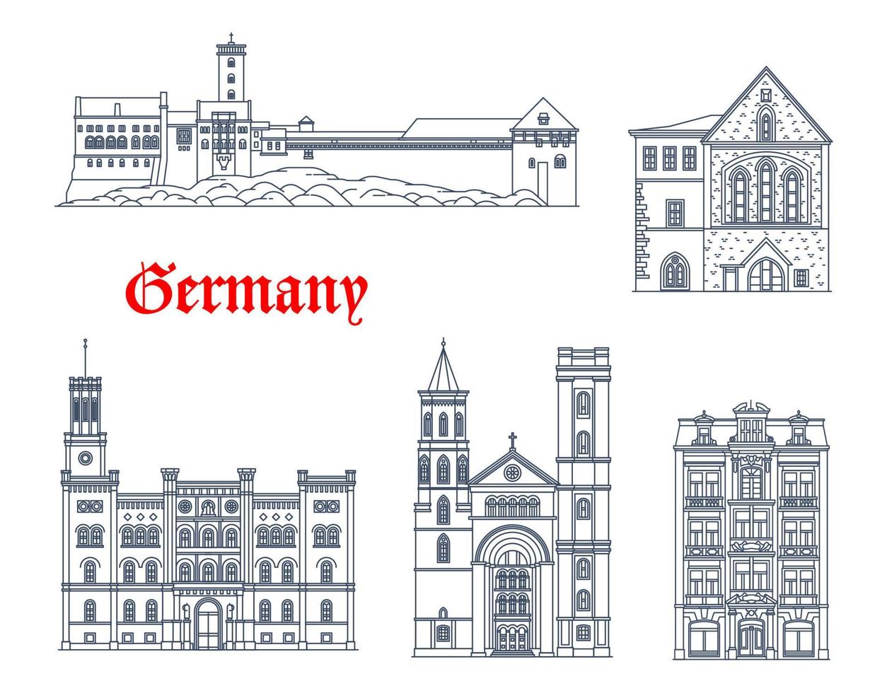 alemania, zittau, y, eisenach, wartburg, edificios vector