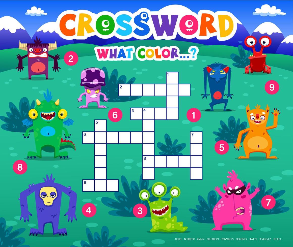 Crossword quiz game, cartoon monster characters vector