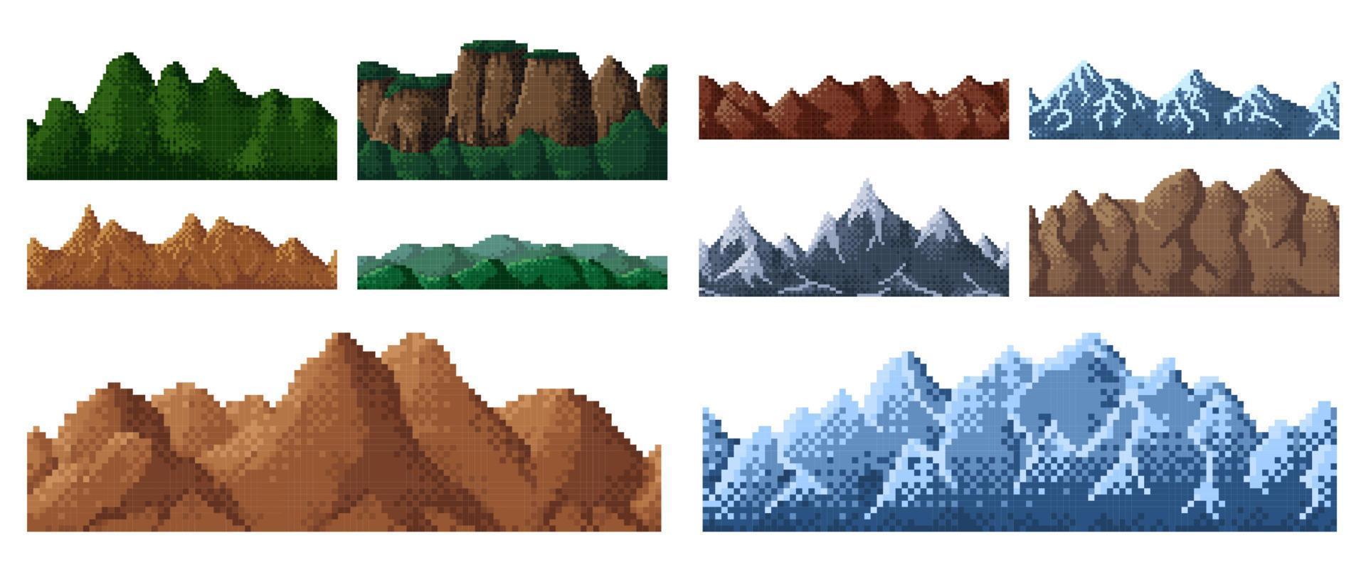 Fondo de montañas y colinas de juego de píxeles de 8 bits vector