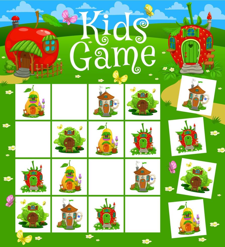 Sudoku kids game, fairytale magic house dwellings vector