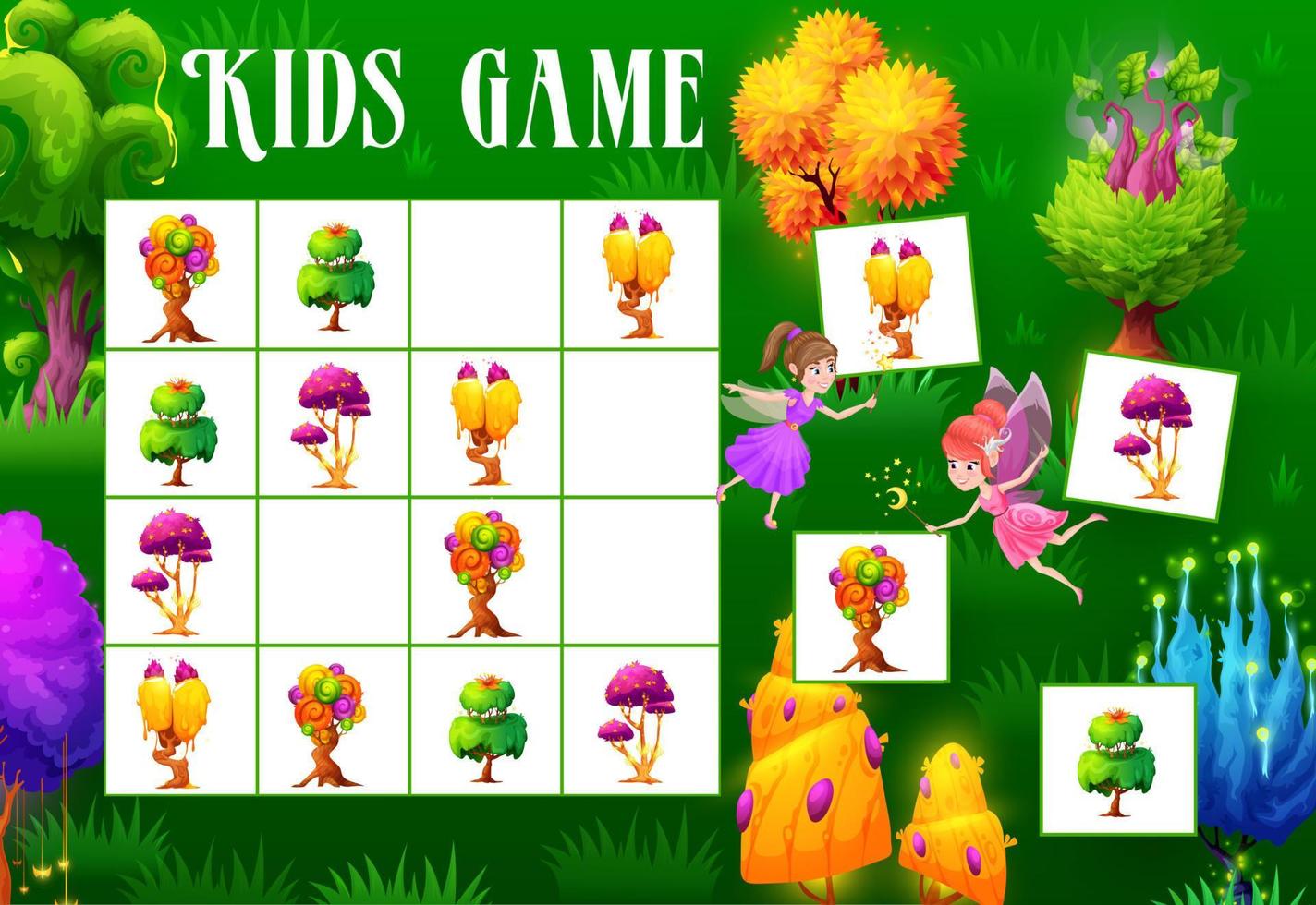 juego de sudoku para niños, árboles y plantas mágicas de fantasía vector