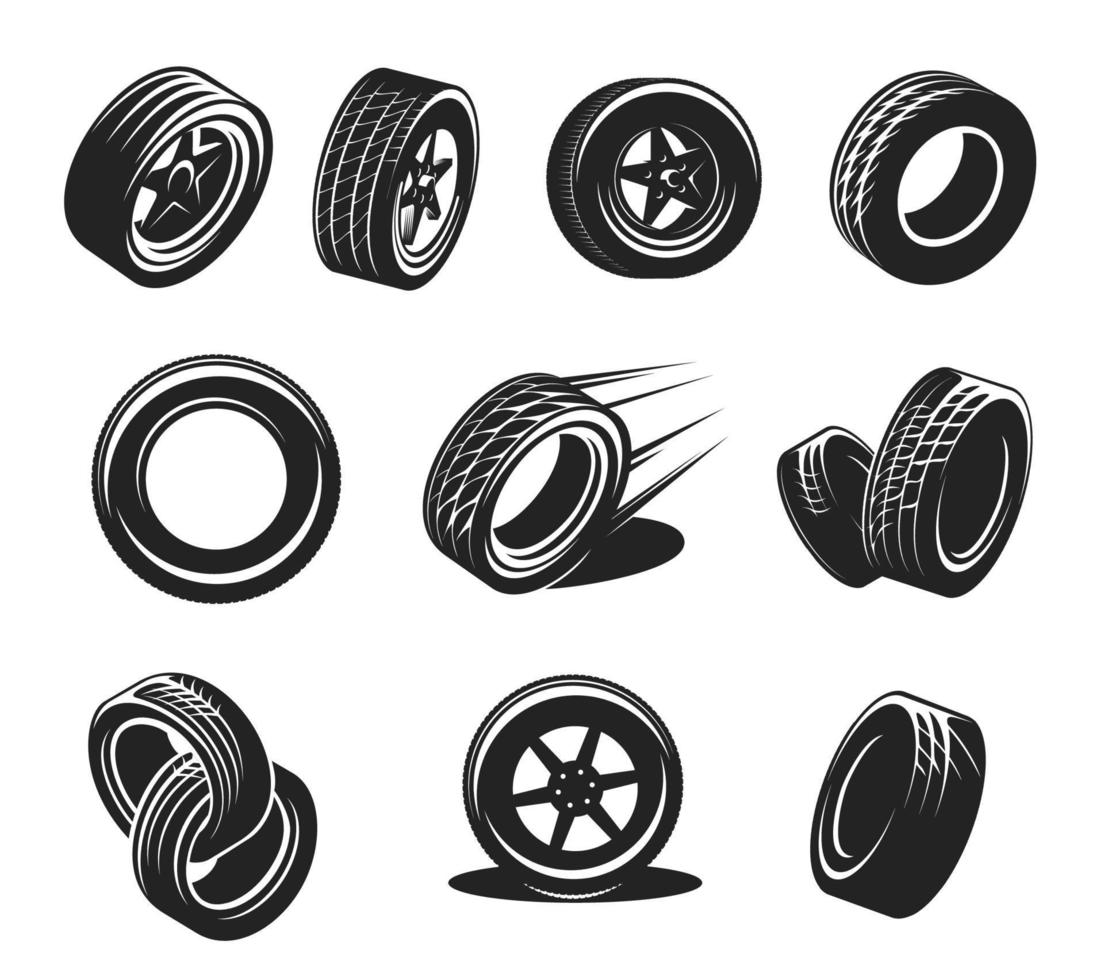Neumático de rueda de coche, conjunto de iconos retro gráficos de disco de llanta vector
