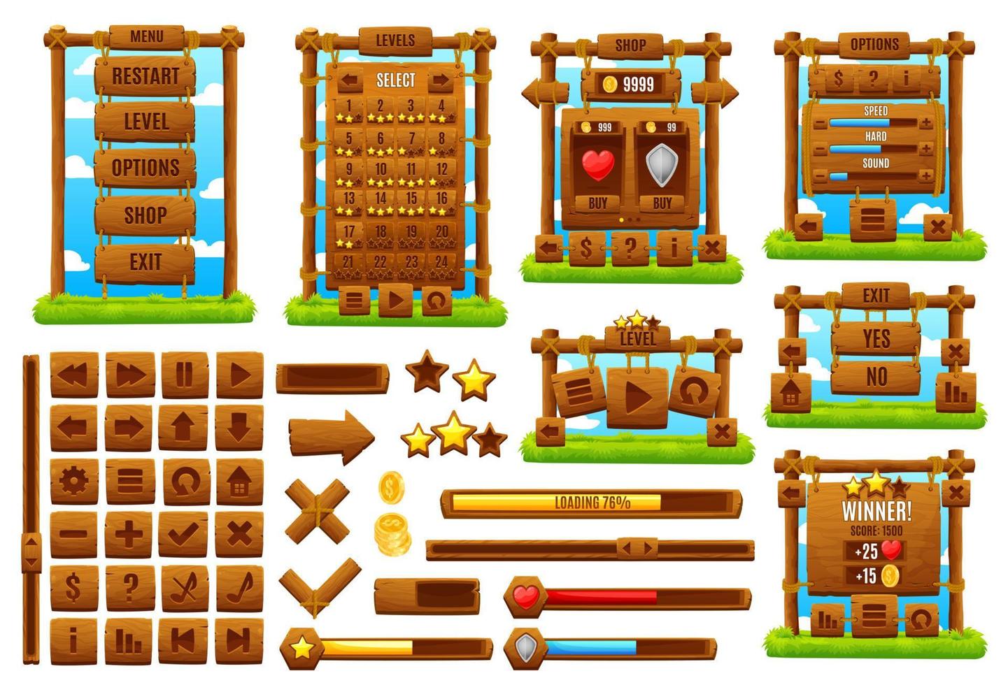 Western, ranch wooden game cartoon gui interface vector