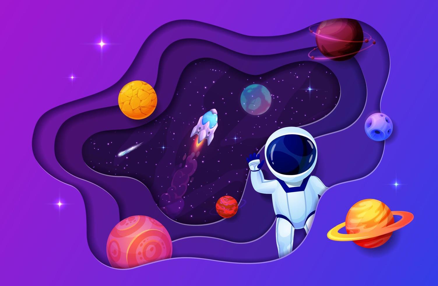 Space paper cut astronaut and planets with rocket vector