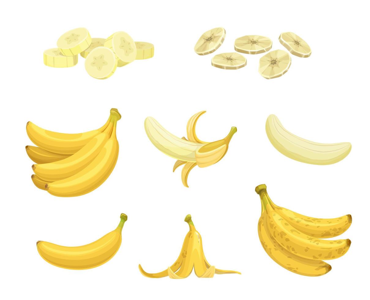 Cartoon ripe banana fruit and snacks. Banana peel, bunch of fresh and overripe tropical fruits isolated vector. Chopped and dried snack, natural food diet and healthy nutrition ingredient vector