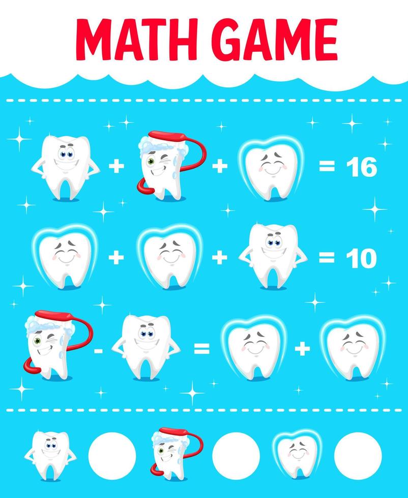 Health tooth characters, math game worksheet page vector