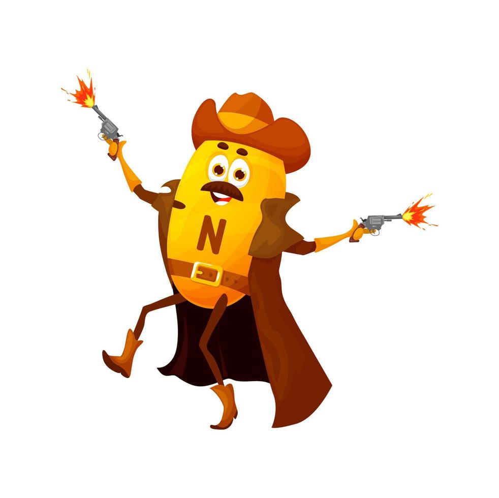 Cartoon vitamin N cowboy character with gun, hero vector