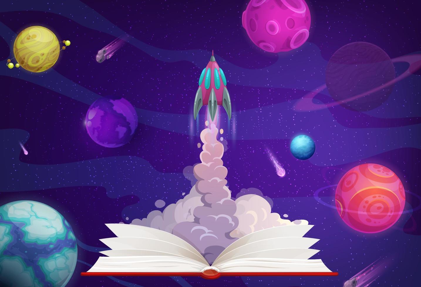 Space planets, rocket launch from opened book vector