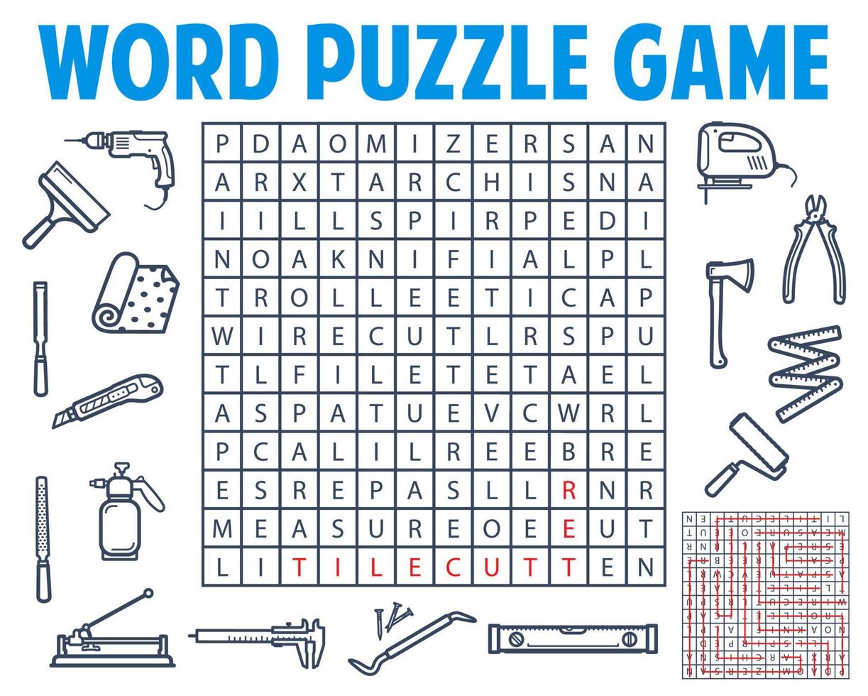 Repair and construction tools word search puzzle vector