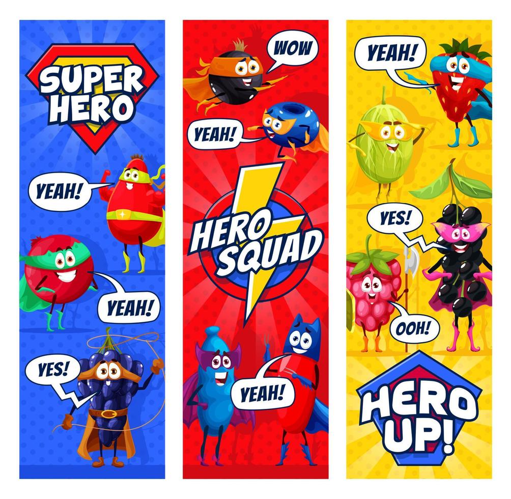 Cartoon superhero berry characters and hero squad vector