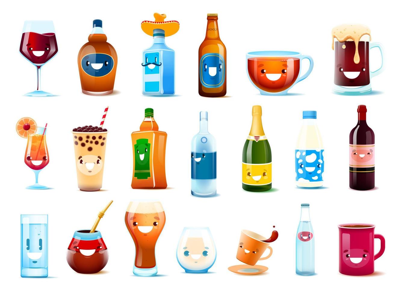 Cartoon cheerful drinks and beverage characters vector