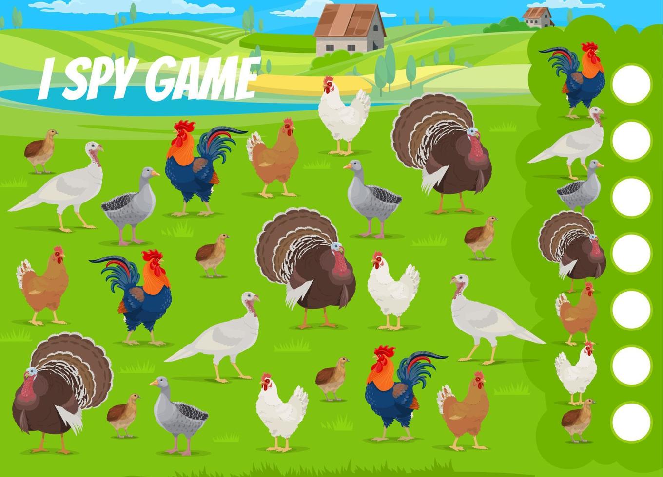 i spy game quiz hoja de trabajo con aves de corral de granja vector