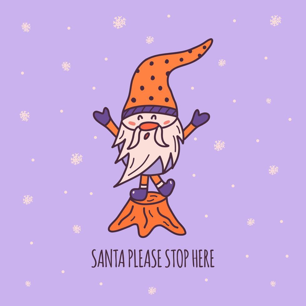 Little gnome stands on a tree stump. Vector card