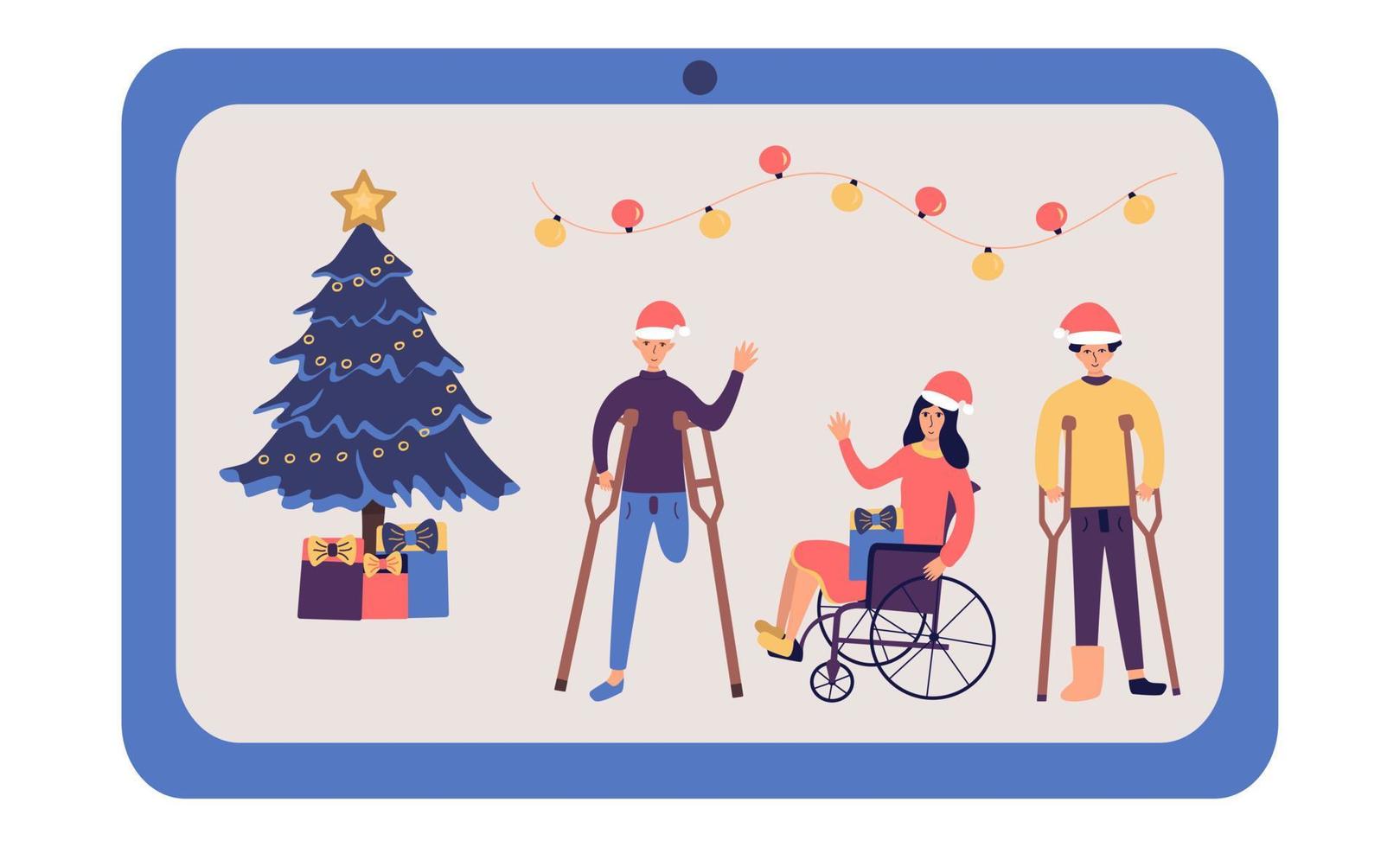 Disabled people are celebrating Christmas online. Cartoon vector