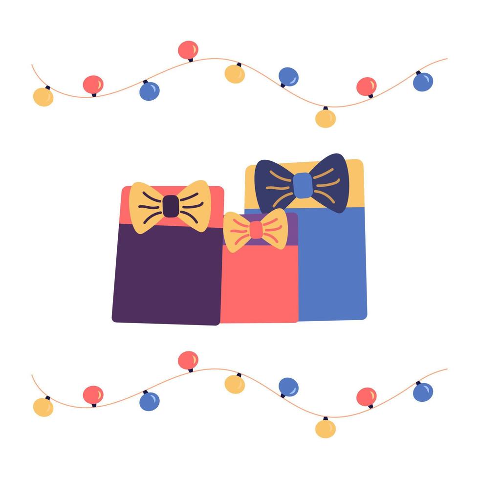 Cute gift boxes with bows and garland. Cartoon vector isolated